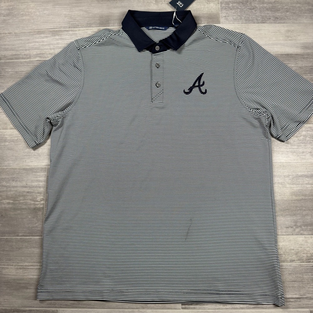 Atlanta Braves Cutter & Buck Mens Lg Virtue Eco Pique Micro Stripe Recycled Polo